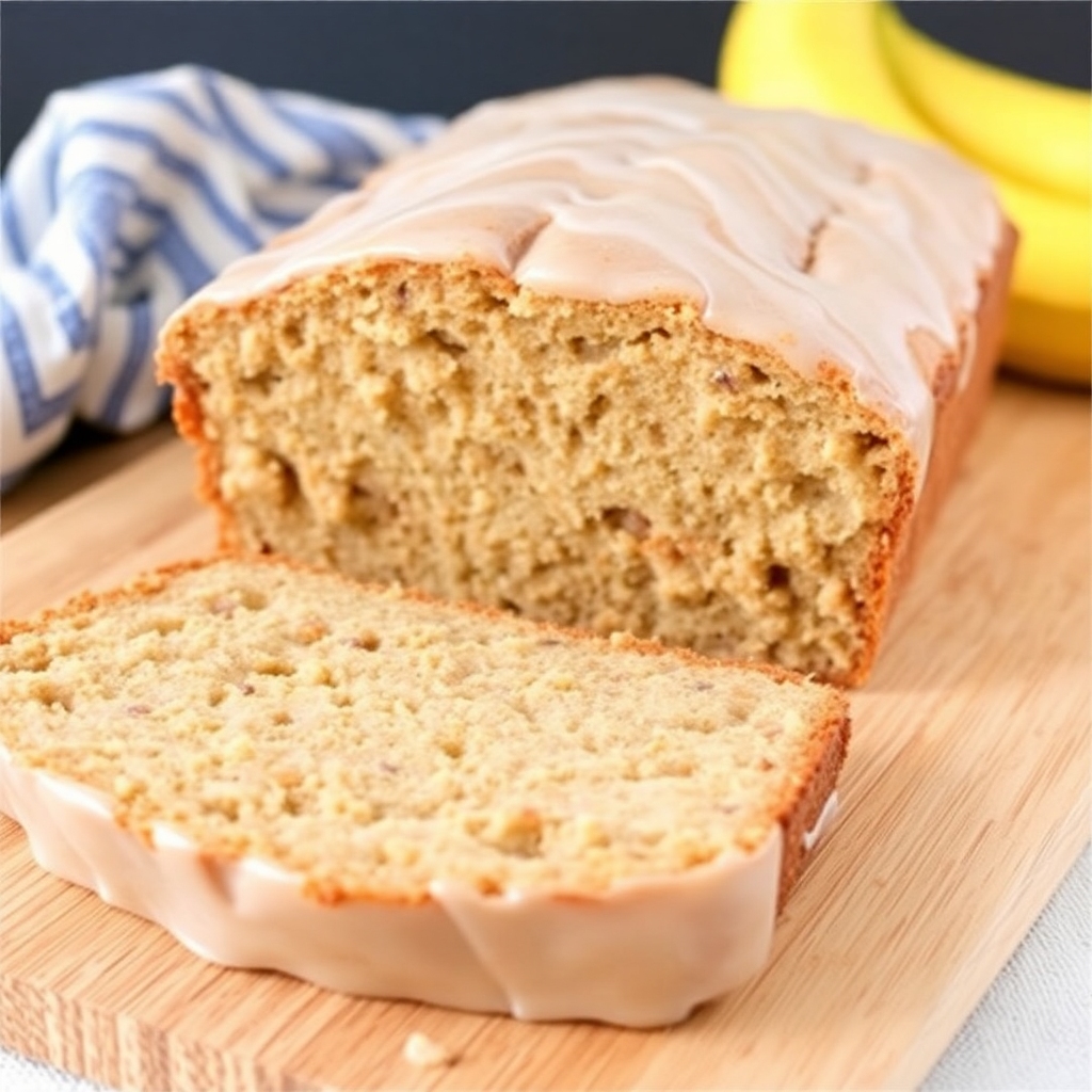 "Freshly baked banana bread with a golden-brown crust, sliced and ready to serve