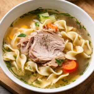 A bowl of homemade turkey noodle soup with vegetables, garnished with fresh herbs. The soup is rich and hearty, perfect for a comforting