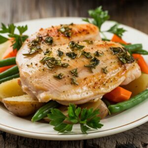 Close-up of tender chicken breasts drenched in garlic butter sauce.