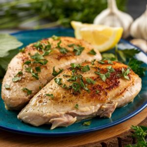 Golden brown buttery garlic chicken breast sizzling in a skillet.