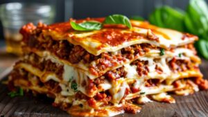 Close-up of a freshly baked lasagna with bubbling, golden cheese and a perfectly layered structure