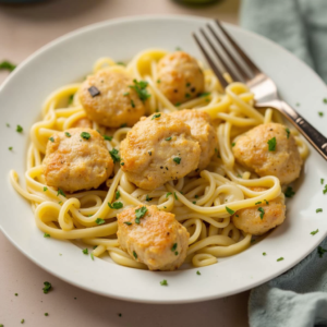 garlic butter chicken bites with creamy Parmesan pasta