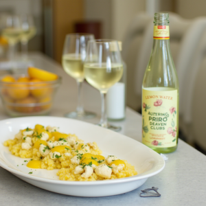 White Wine – A crisp Chardonnay or Sauvignon Blanc enhances the citrus and creamy elements. Iced Lemon Water – Keeps the meal light and refreshing. Sparkling Lemonade 